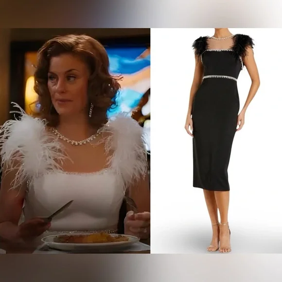 Mac Duggal Black Feather Cap Sleeve Pearl Embellished Midi Formal Dress | 2 - Picture 13 of 13